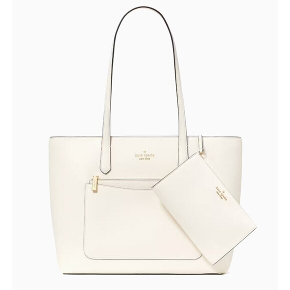 New Kate Spade Staci Tote And Wristlet 3 Piece Set Saffiano Meringue - Picture 1 of 5